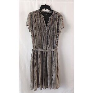 Robert Louis Shift Dress Black White Yellow Check Short Sleeve L Fully Lined